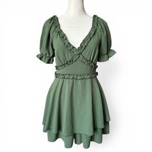 Cottagecore Green Ruffle Puff Sleeve Mini Dress Fairycore Prairie Dress M